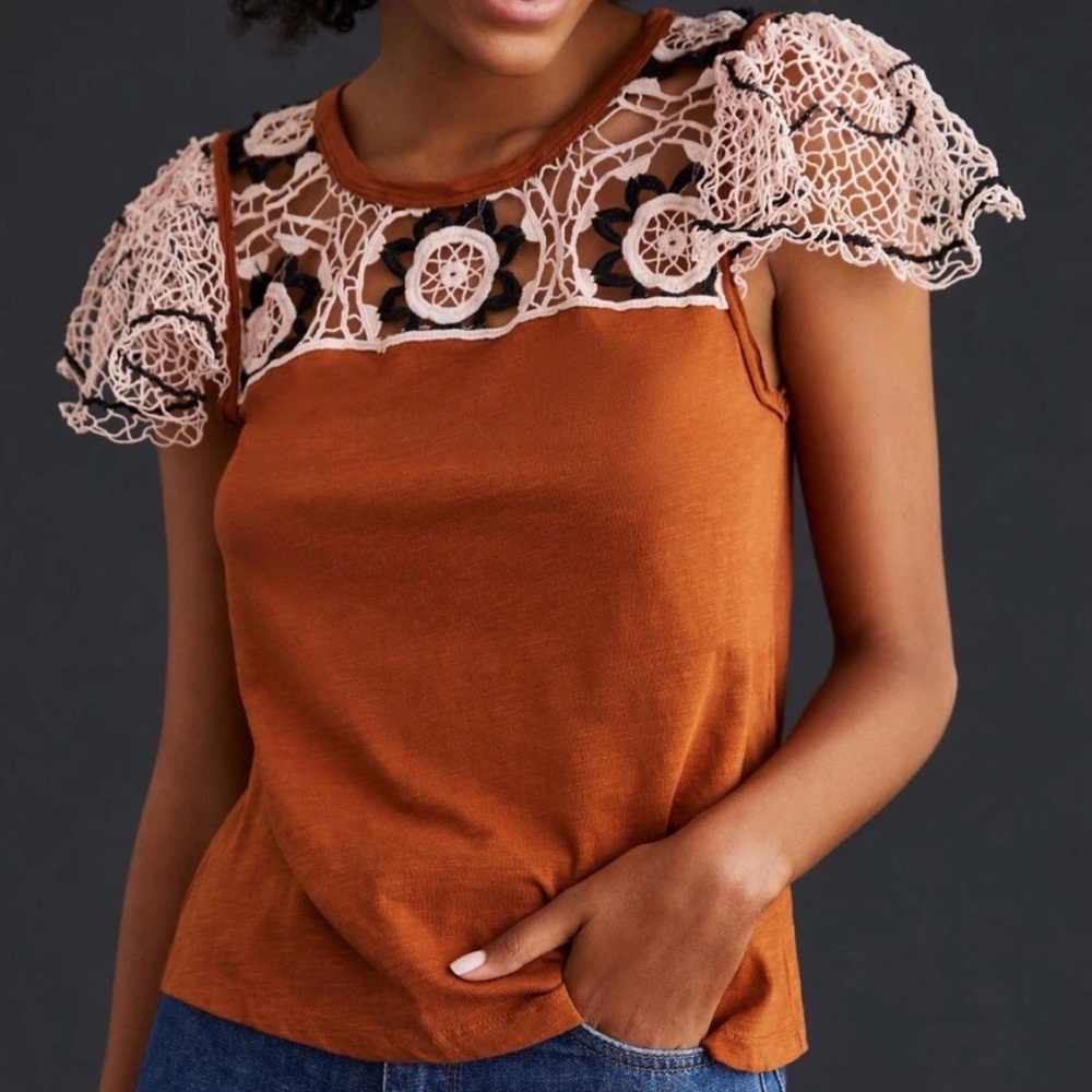 Anthropologie Rust and Cream Crochet Lace Blouse